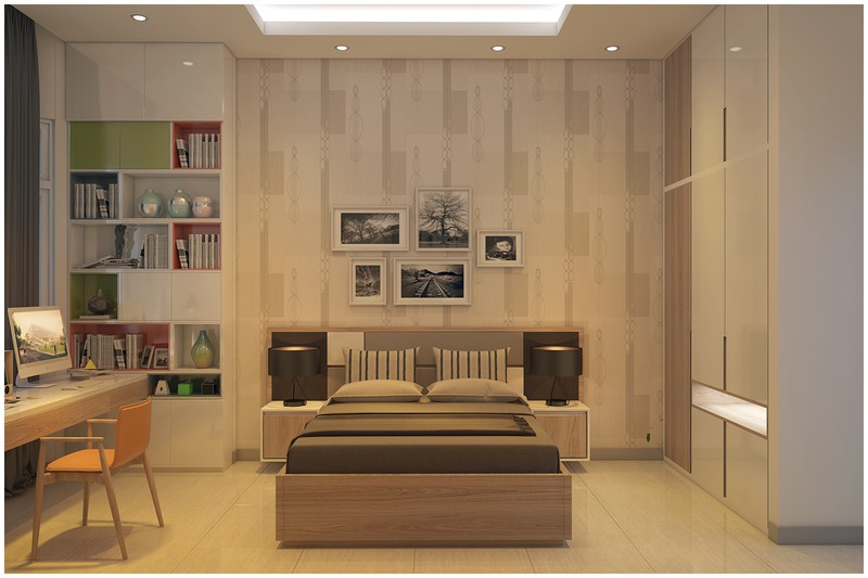 Chiếc giường ngủ có ngăn lưu trữ bên dưới giúp cậu bé có thêm không gian lưu trữ. Giá sách đặt cạnh bàn học thuận tiện cho việc sử dụng hàng ngày.