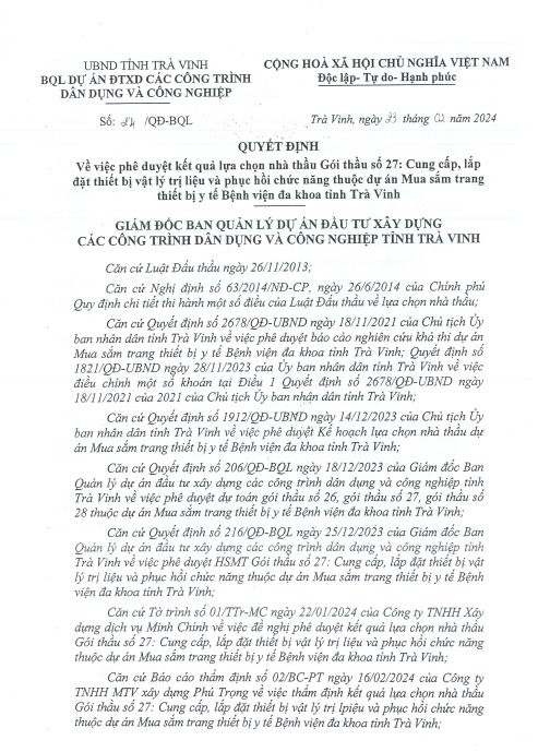 Cty Van Phat trung lien 2 goi mua sam thiet bi tai Tra Vinh