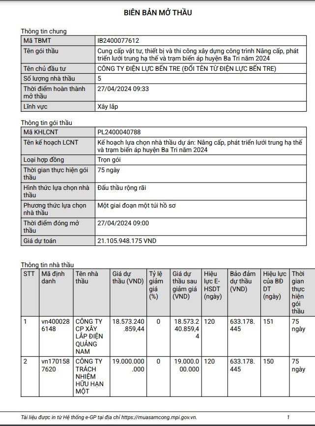 Điện lực Bến Tre: 5 nhà thầu cạnh tranh gói thầu hơn 21 tỷ Dien luc Ben Tre: 5 nha thau canh tranh goi thau hon 21 ty