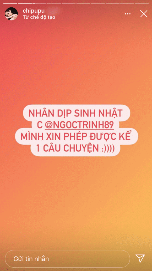 Nhân dịp sinh nhật Ngọc Trinh, Chi Pu chia sẻ một kỷ niệm với "đàn chị" trên story của Instagram. 3 tháng trước, Chi Pu lỡ mê chiếc ván trượt trị giá 250 triệu của một thương hiệu nổi tiếng. Bởi vậy, cô đã đăng lên trang cá nhân với mong muốn bạn bè góp tiền để mua chụp hình sống ảo.