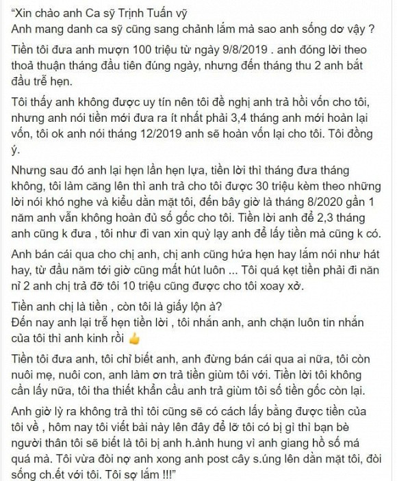Ca si Trinh Tuan Vy len tieng khi bi to lua dao 100 trieu