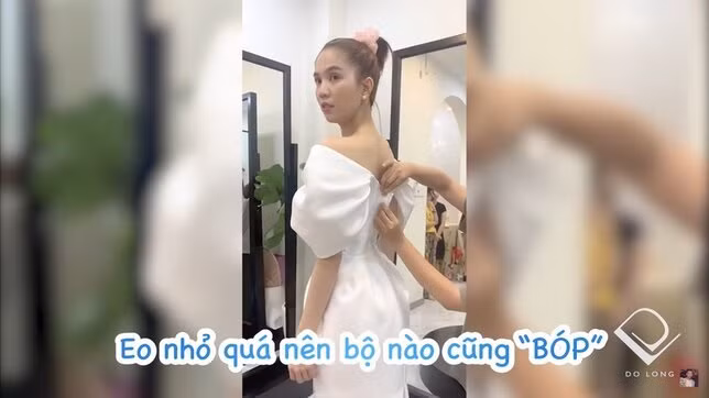 BST lần này của Đỗ Long sử dụng gam màu trắng hoặc pastel nhẹ nhàng, đây cũng là hình ảnh “bánh bèo” đời thường của Ngọc Trinh. Ngay cả các thiết kế size nhỏ nhất cũng phải điều chỉnh để phù hợp với thân hình mảnh khảnh và vòng eo “con kiến” của người đẹp.