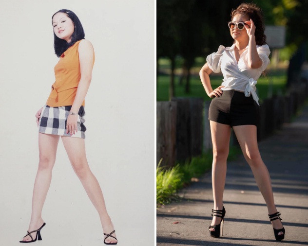 Thúy Nga chia sẻ 2 tấm ảnh chụp vào 2 độ tuổi 20 và 40 kèm dòng cảm thán hài hước: 'Năm 20 tuổi chân mình rất ngắn. Năm nay 40 tuổi chân cũng chả dài thêm được tí nào".