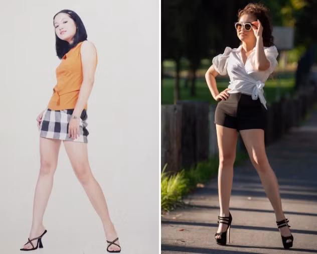 Thúy Nga chia sẻ 2 tấm ảnh chụp vào 2 độ tuổi 20 và 40 kèm dòng cảm thán hài hước: 'Năm 20 tuổi chân mình rất ngắn. Năm nay 40 tuổi chân cũng chả dài thêm được tí nào".