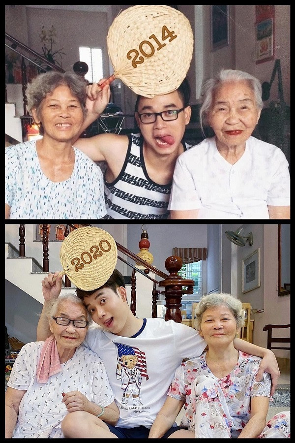 Trúc Nhân hài hước đăng bức ảnh chụp cùng bà nội, bà ngoại năm 2014 và năm 2020. Sau 6 năm, dù nhiều thay đổi nhưng nam ca sĩ vẫn vui vẻ, lí lắc bên hai người bà của mình.