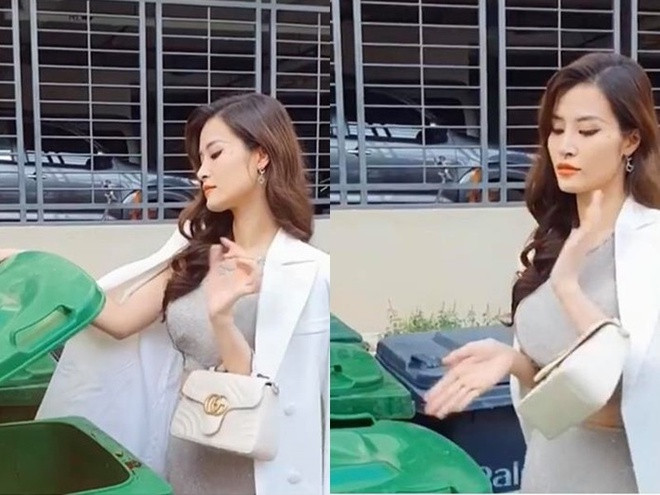 Đông Nhi cũng sớm "bắt trend" khi quay video mặc đẹp đi vứt rác. Nữ ca sĩ lựa chọn bộ váy ánh kim, khoác thêm áo vest trắng và đeo túi cùng màu.