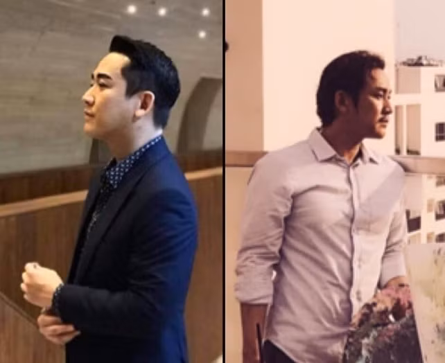 Hứa Vĩ Văn chia sẻ hình ảnh đối lập của bản thân, một bên lịch lãm với vest sang trọng, một bên phong trần với sơ mi giản dị, đời thường.