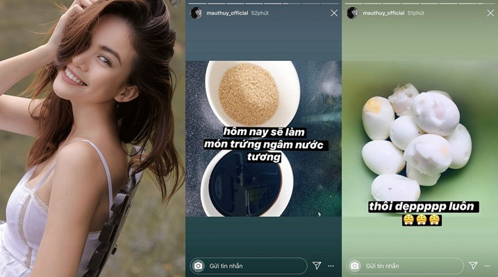 Bên cạnh bánh mỳ bơ tỏi phô mai, trứng ngâm tương cũng là món ăn được nhiều sao Việt “lăng xê” trên mạng xã hội gần đây. Tuy nhiên, có vẻ Mâu Thuỷ “lăng xê” không thành công lắm khi cô nàng đã tuyên bố “Thôi dẹp luôn” ngay từ bước đầu tiên.
