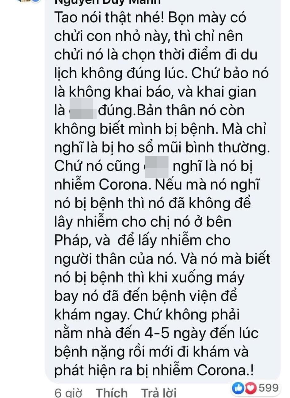 Nam ca sĩ bênh vực nữ bệnh nhân COVID-19 thứ 17 và cho rằng bản thân cô gái không biết mình nhiễm bệnh. "Chỉ nên chửi nó là chọn thời điểm đi du lịch không đúng lúc, chứ bảo là không khai báo, khai gian là không đúng", Duy Mạnh viết. Tuy nhiên, chính lời bênh vực này khiến Duy Mạnh bị dân mạng "ném đá".