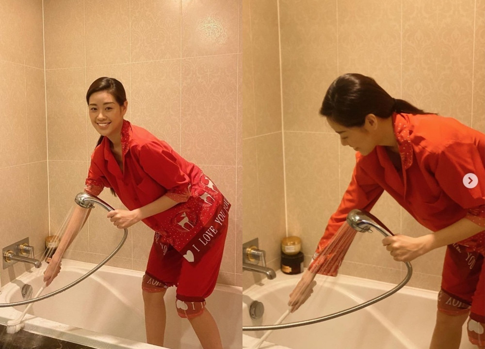 Hoa hậu Khánh Vân tranh thủ những ngày nghỉ dịch để dọn dẹp nhà cửa. Người hâm mộ còn đặc biệt chú ý đến mặt mộc tự nhiên, không tỳ vết của người đẹp.