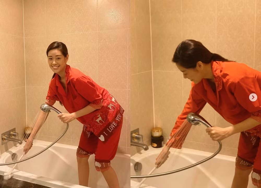 Hoa hậu Khánh Vân tranh thủ những ngày nghỉ dịch để dọn dẹp nhà cửa. Người hâm mộ còn đặc biệt chú ý đến mặt mộc tự nhiên, không tỳ vết của người đẹp.
