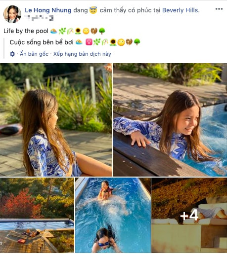 Thời gian qua, Hồng Nhung và các con của mình đều đang trong kỳ nghỉ tại California, Mỹ. Vì COVID-19, nên gia đình cô đều hạn chế ra ngoài và mọi sinh hoạt gần như gói gọn trong ngôi nhà có bể bơi, sân vườn với nhiều cây cối. Mới đây, trên trang cá nhân, nàng Bống đã thu hút sự chú ý của mọi người khi chia sẻ loạt ảnh thoải mái tắm nắng trong khi hai bé Tôm - Tép thì vui vẻ bơi lội trong bể bơi tại gia.