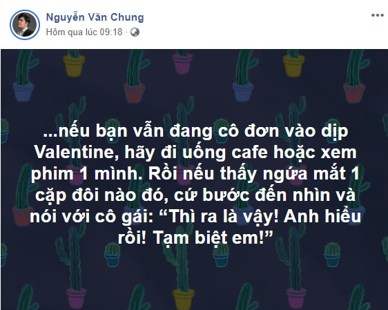 Có vợ con đề huề, nhạc sĩ Nguyễn Văn Chung hài hước bày cho các chàng trai vẫn còn cô đơn cách phá bĩnh các cặp đôi dịp Valentine.