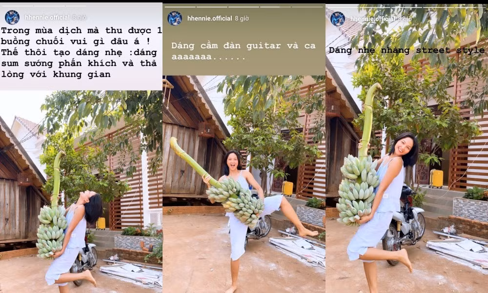 H’Hen Niê hài hước tạo dáng với buồng chuối mà cô vừa thu hoạch được.