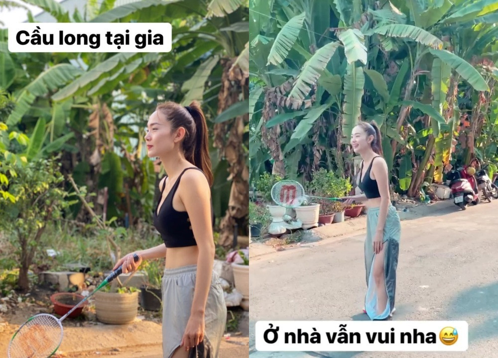 Minh Hằng chăm chỉ tập đánh cầu lông tại nhà. Người hâm mộ không khỏi bật cười trước kiểu ăn mặc của cô,