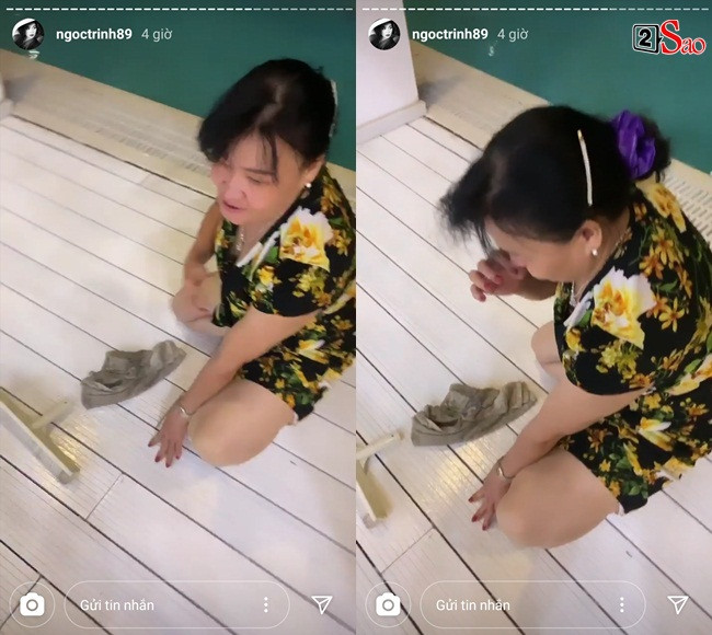 Nhận thấy thềm cửa có nhiều vết bẩn, bố đẻ Ngọc Trinh đích thân mang nước tới lau dù trời đã nhá nhem tối. Trong khi Ngọc Trinh ngăn cản, cho rằng việc này nên để người giúp việc làm, phụ thân mẫu nội y vẫn khá chuyên tâm với công việc. Mẹ kế Ngọc Trinh - bà Sáu Phương - cũng ra phụ chồng một tay. Chỉ đến khi Ngọc Trinh nói nhà vẫn còn đang sửa, thợ đến rồi sẽ bẩn lại thì cả hai mới dừng hoạt động lau dọn. Chân dài cũng không quên trêu chọc bố mẹ bằng những câu từ hài hước, khiến không gian đầy ắp tiếng cười.