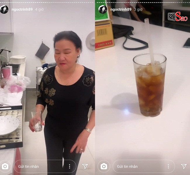 Mẹ Ngọc Trinh tự tay rót nước sâm nấu cho con, mang từ quê lên.