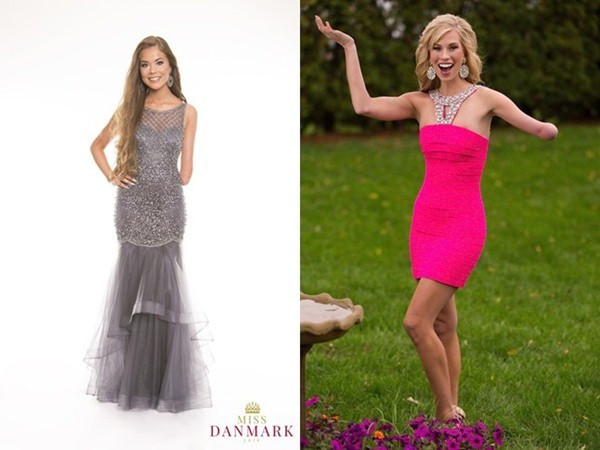 Trước đó, Celina West Riel, đại diện Đan Mạch tại Hoa hậu Siêu quốc gia 2018 (ảnh trái) và Nicole Kelly - Hoa hậu bang Lowa, Mỹ 2013 (ảnh phải) cũng khiến khán giả ngạc nhiên khi khuyết tật cánh tay trái bẩm sinh và cảm phục bởi nghị lực, niềm cảm hứng mà hai người đẹp truyền tới mọi người.