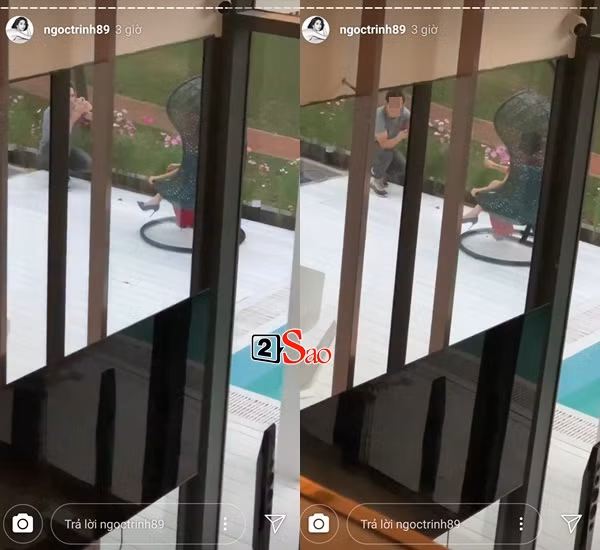 Vì biệt thự không có hàng rào nên họ ra vào khá thoải mái. Từ trong nhà, qua ô thoáng người mẫu Ngọc Trinh chứng kiến được hết cảnh tượng này.