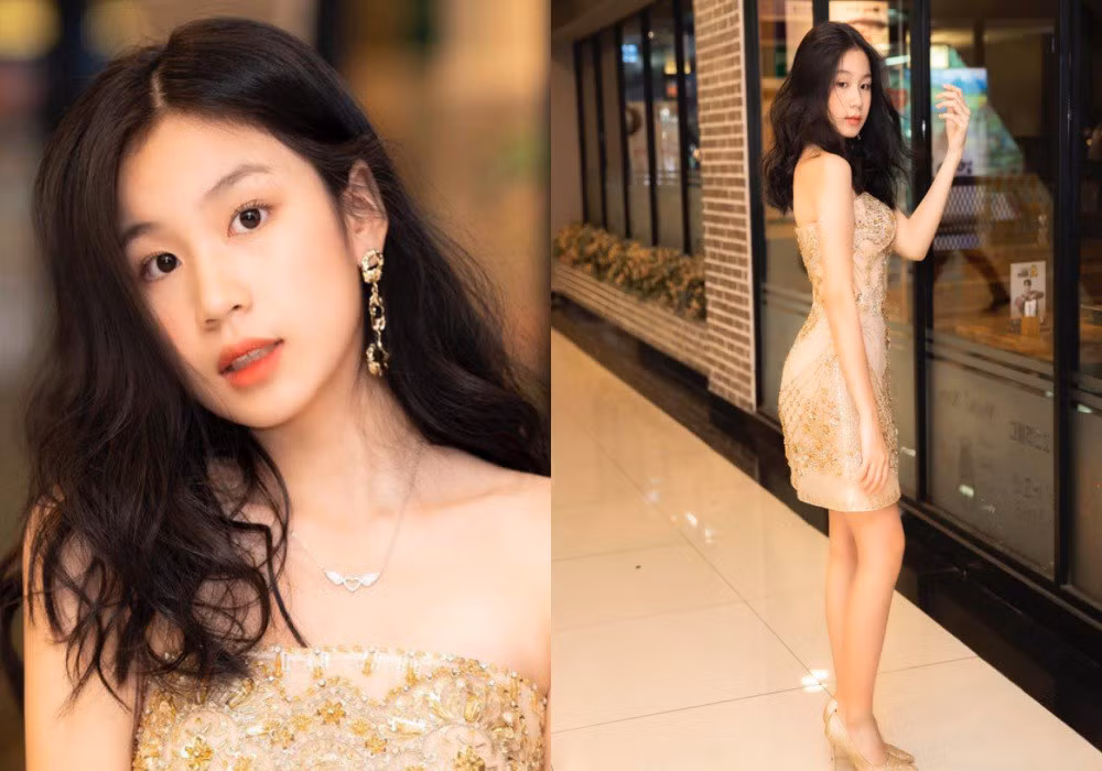 Vẻ ngoài và vóc dáng ở tuổi 15 của con gái Lưu Thiên Hương. Cô bé hiện cao 1,64m và rất dạn dĩ trước ống kính.