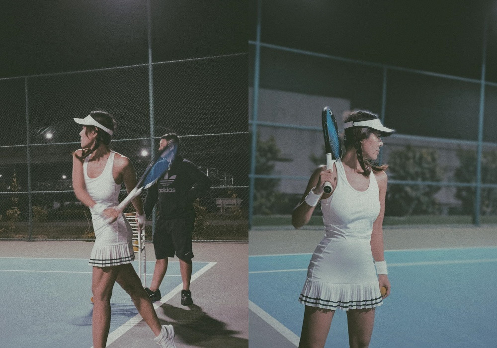 Nam Thư chăm chỉ luyện tập tennis vào buổi tối.