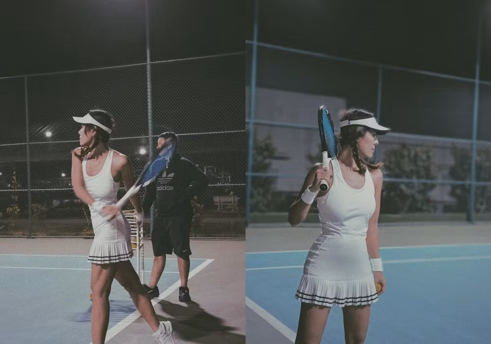 Nam Thư chăm chỉ luyện tập tennis vào buổi tối.