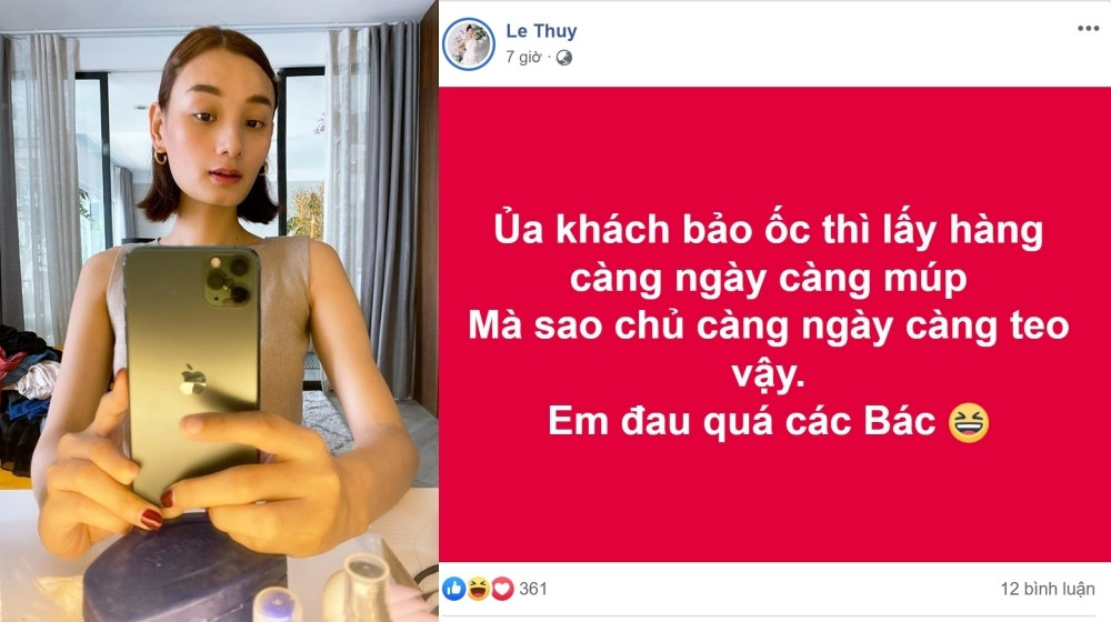 Người mẫu Lê Thúy ngậm ngùi chia sẻ về việc bị người khác nhắc đến chuyện cân nặng: “Ủa khách bảo ốc thì lấy hàng càng ngày càng múp mà sao chủ càng ngày càng teo vậy. Em đau quá các bác”. Trước đó, cô đã sụt hết 10kg do suy nhược cơ thể sau 2 tháng làm việc liên tục.