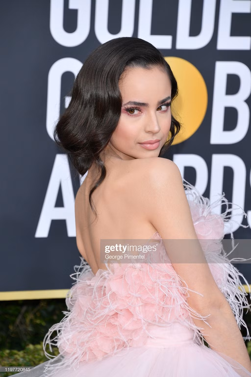 Sofia Carson chọn bộ đầm xếp tầng đính tua rua, phong cách trang điểm tông màu hồng đất nữ tính. Cô là nữ ca sĩ và diễn viên người Mỹ, xuất hiện lần đầu trên truyền hình với vai khách mời trong bộ phim hài của Disney Channel - Austin &amp; Ally. Năm ngoái, cô góp mặt trong 2 dự án là Descendants 3 và Pretty Little Liars The Perfectionists.