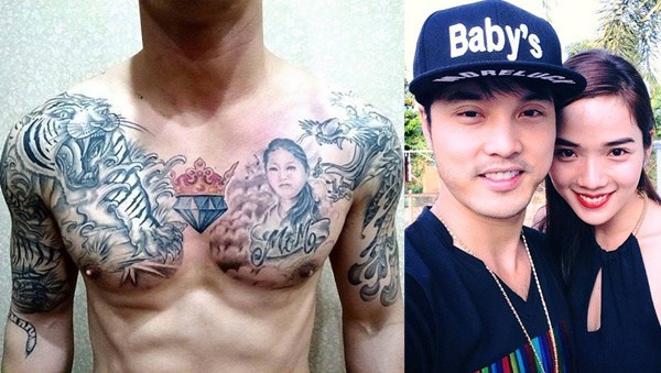 Nam ca sĩ Ưng Hoàng Phúc xăm hình kim cương giữa ngực - tên của bà xã anh. Bên trên viên kim cương chính là vương miện, tượng trưng cho nữ hoàng.