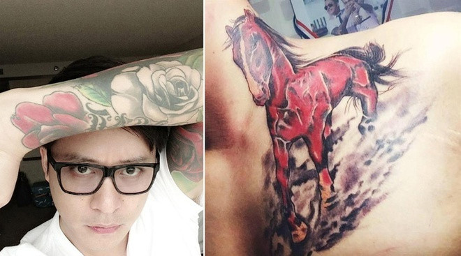 Ngoài ra hình chú ngựa đỏ chạy từ cổ xuống ngực trái trên người Tuấn Hưng được xem như món quà anh dành tặng bà xã bởi Hương Baby cầm tinh con Ngựa.