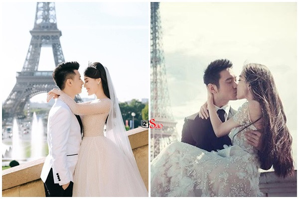 Cư dân mạng nhanh chóng "đào mộ" được bộ ảnh cưới được thực hiện ở Pháp của vợ chồng Âu Hà My và Trọng Hưng năm ngoái. Điều đáng nói là những cách pose dáng của cặp đôi gần như giống y chang với cặp vợ chồng Cbiz đình đám Angela Baby - Huỳnh Hiểu Minh.