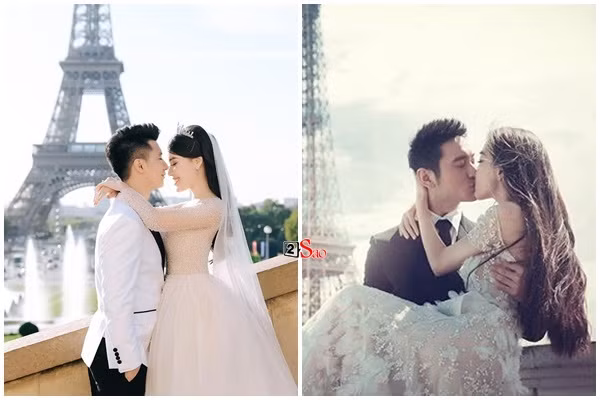 Cư dân mạng nhanh chóng "đào mộ" được bộ ảnh cưới được thực hiện ở Pháp của vợ chồng Âu Hà My và Trọng Hưng năm ngoái. Điều đáng nói là những cách pose dáng của cặp đôi gần như giống y chang với cặp vợ chồng Cbiz đình đám Angela Baby - Huỳnh Hiểu Minh.