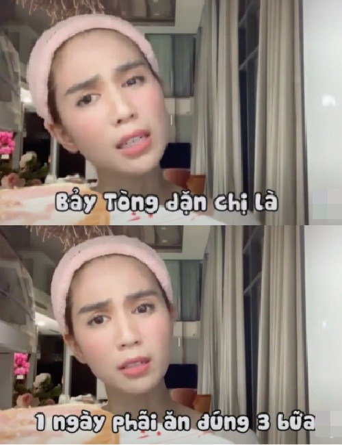 Chia sẻ clip ăn đêm lúc 3h sáng, Ngọc Trinh “lý sự”: “Bảy Tòng (cách gọi ba thân mật của Ngọc Trinh) dặn chị là một ngày phải ăn đúng 3 bữa” khiến người hâm mộ bật cười.