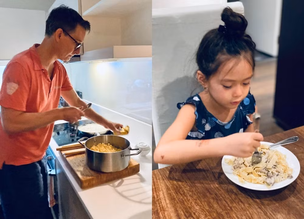 Đoan Trang khoe ảnh chồng Tây đảm đang, vào bếp nấu ăn cho hai mẹ con.