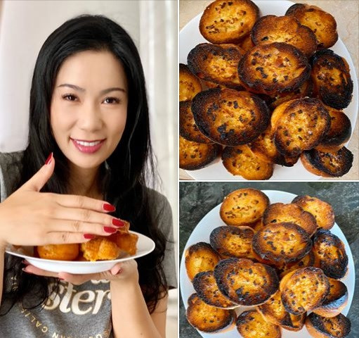 Trịnh Kim Chi còn hài hước khoe làm bánh mì bơ tỏi nhưng không được như ý.