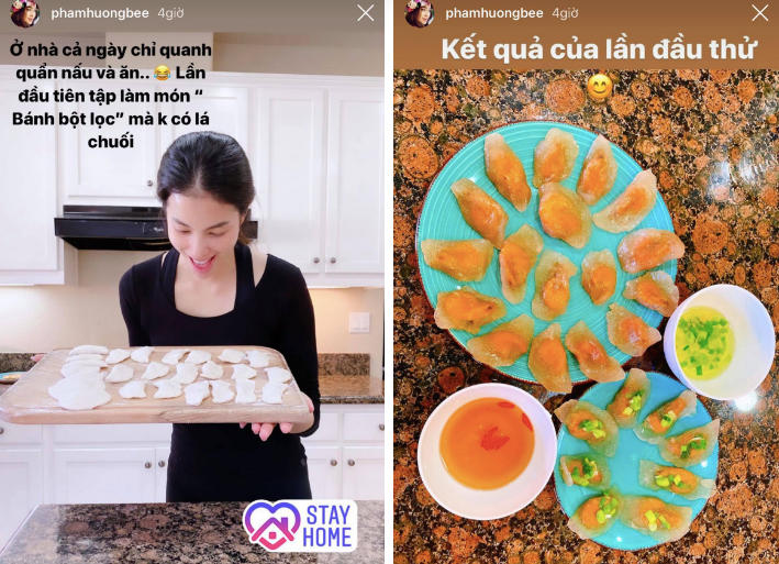 Phạm Hương đang ở Mỹ nên rất nhớ những món ăn Việt Nam. Vì vậy mà tranh thủ mấy ngày nghỉ dịch này, người đẹp mày mò tự làm món bánh bột lọc.