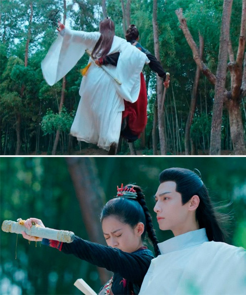 Trong Nguyệt thượng trọng hỏa, cảnh rơi của hai diễn viên Trần Ngọc Kỳ và La Vân Hi diễn ra rất nhanh nhưng không nhanh bằng tay của Trần Ngọc Kỳ. Cô liên tục đổi tư thế từ cầm kiếm sang ôm eo bạn diễn.