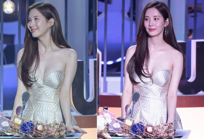Seohyun là nữ nghệ sĩ nổi tiếng với hình tượng thuần khiết của showbiz. Thời gian còn hoạt động trong nhóm nhạc SNSD, cô gắn liền với phong cách thời trang nữ tính. Năm 2018, nữ ca sĩ gây bão mạng xã hội khi khoe ngực đầy, vai gầy gợi cảm trong chiếc váy cúp ngực kiểu vỏ sò trên sân khấu lễ trao giải MBC Drama Awards. Ảnh: Korean Boo.