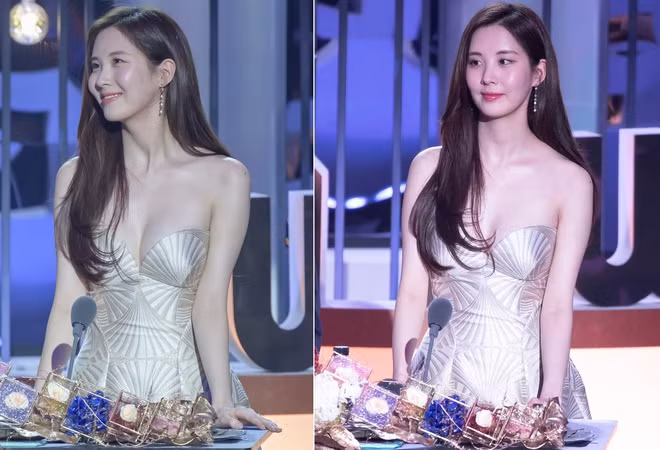 Seohyun là nữ nghệ sĩ nổi tiếng với hình tượng thuần khiết của showbiz. Thời gian còn hoạt động trong nhóm nhạc SNSD, cô gắn liền với phong cách thời trang nữ tính. Năm 2018, nữ ca sĩ gây bão mạng xã hội khi khoe ngực đầy, vai gầy gợi cảm trong chiếc váy cúp ngực kiểu vỏ sò trên sân khấu lễ trao giải MBC Drama Awards. Ảnh: Korean Boo.