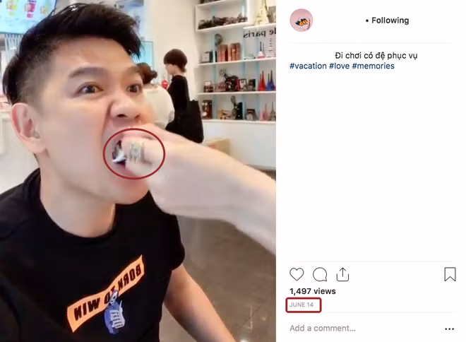 Nhẫn của cô gái đút cho chàng trai ăn giống của Minh Hằng. 2 người còn đăng ảnh cùng ngày.