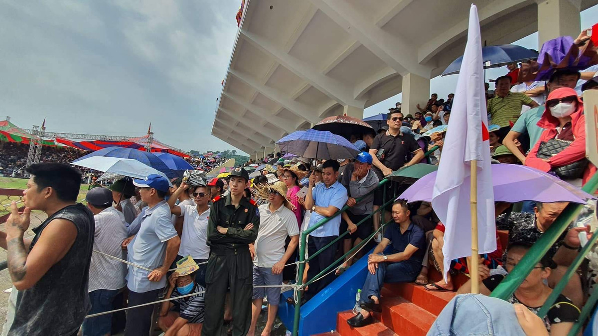 Mặc dù thời tiết không ủng hộ nhưng hàng vạn người vẫn mặc áo mưa, che ô đi từ sớm để tham dự Lễ hội chọi trâu.