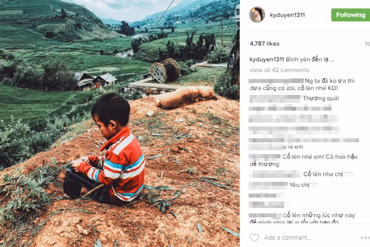 Với bức ảnh ghi lại khoảnh khắc một bé trai ở bên vệ đường, Hoa hậu Việt Nam 2014 bày tỏ cảm xúc: “Bình yên đến lạ…”.