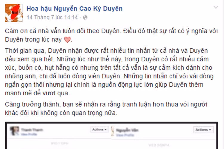 Kỳ Duyên bị chỉ trích dữ dội nhưng cô vẫn được nhiều người hâm mộ bảo vệ. Hiện tại, người đẹp đang đợi kết quả từ hội đồng do ban tổ chức cuộc thi Hoa hậu Việt Nam thành lập để xử lý scandal của cô.