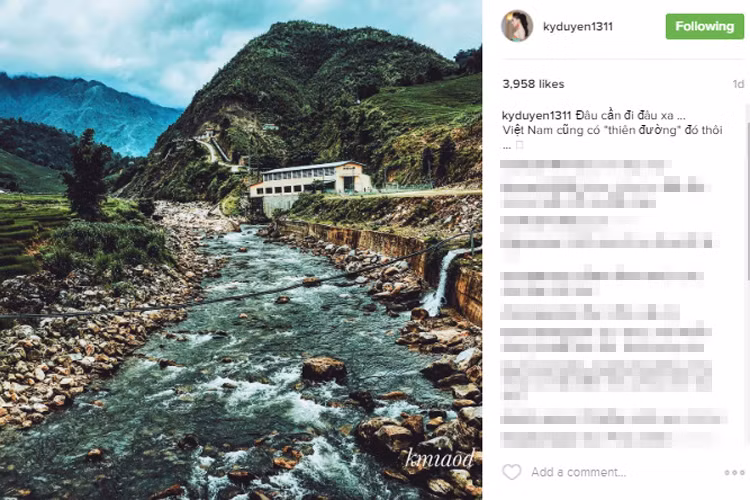 Kỳ Duyên tiếp tục chia sẻ bức ảnh chụp một dòng suối và viết: “Đâu cần đi đâu xa ...Việt Nam cũng có "thiên đường" đó thôi”. Dường như cô đã có chuyến đi xa để tránh scandal.