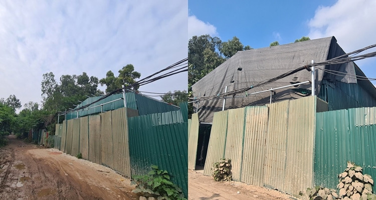 Công trình này nằm sâu bên trong một ngõ nhỏ ở khu vực đường Sa Đôi được quây tôn kín bên ngoài để chuẩn bị bắn khung, lợp mái thời điểm ngày 4/11/2020 (ảnh trái). Đến ngày 29/12/2020, công trình này đã hoàn thiện xong phần mái (ảnh phải).