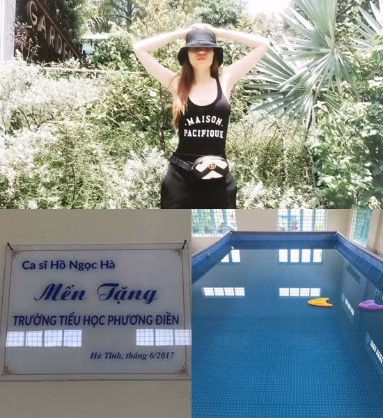Hồ Ngọc Hà chia sẻ hình ảnh cô quyên góp, xây dựng bể bơi cho các em học sinh tại trường học Phương Điền. Cô chia sẻ: "Bé nhận được tin của anh MC Phan Anh là hồ bơi của bé đã xây xong cho các em nhỏ, bé vui vui. Cảm ơn anh đã đích thân lo lắng cho các bạn nhỏ".