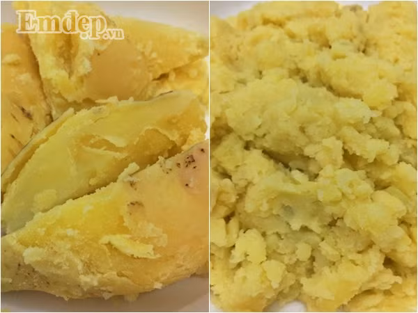 Cách làm món ức gà trộn khoai tây chiên giòn như sau: Bước 1: Khoai tây luộc chín, rồi cho ra tô dùng muỗng đánh nhuyễn.