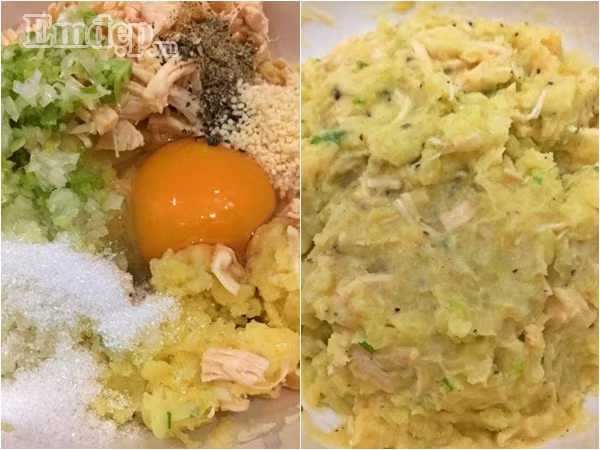 Bước 4: Cho khoai tây nghiền nát vào một tô lớn, đổ tất cả các nguyên liệu: thịt gà + hành + trứng + 1 thìa cơm đường + 1 thìa cà phê hạt nêm + 1/2 thìa cà phê hạt tiêu, đảo đều cho vào ngăn mát tủ lạnh khoảng 30 phút cho hỗn hợp dẻo.
