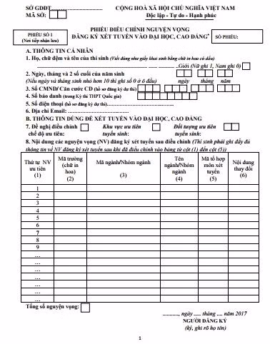 Cach ghi phieu dieu chinh nguyen vong dang ky xet tuyen nam 2017