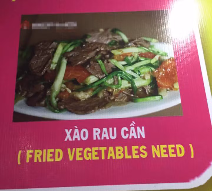 Thực đơn vui tính dịch "rau cần” sang tiếng Anh là từ ghép của “vegetables” (rau) và “need” (cần, nhu cầu).